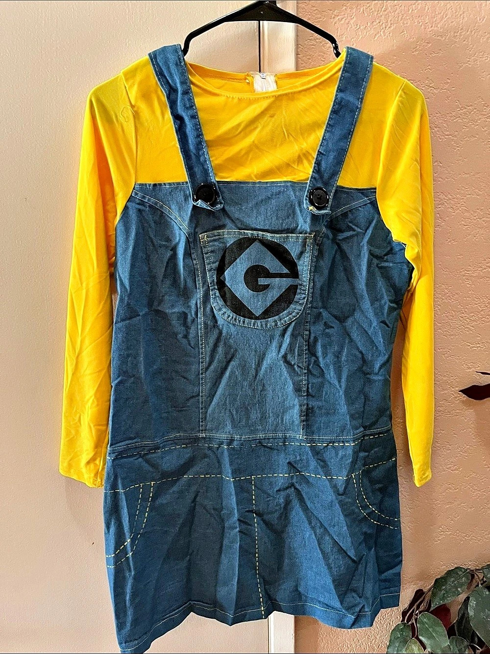 Denim-Style Overall Dress in Blue & Yellow